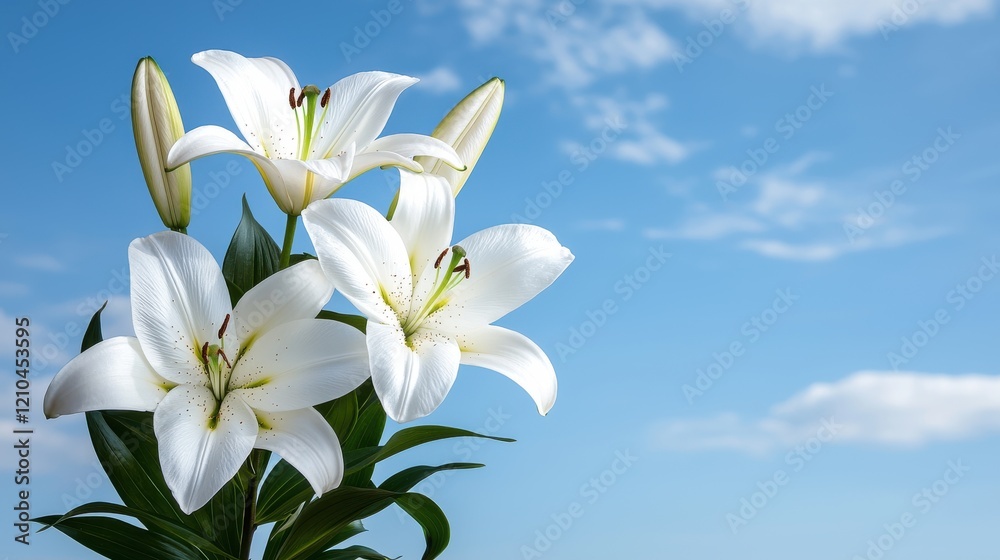 Fototapeta premium Elegant White Lilies Against Blue Sky