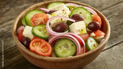 Refreshing Greek Salad With Cucumbers, Tomatoes, Onions, Olives, and Feta in a Rustic Bowl, Perfect for Summer Meals