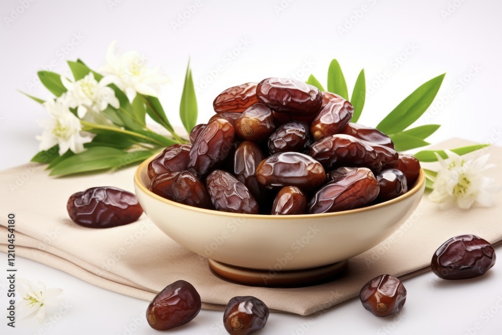 Organic Raw Medjool Dates in a Bowl with Date Palm Leaves and Flowers. Sweet Fruit Rich in Nutrients Organic Raw Medjool Dates in a Bowl with Date Palm Leaves and Flowers. Sweet Fruit Rich in Nutrients