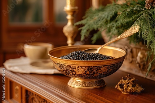 Caviar served in an ornate bowl with a golden spoon on an elegant wooden table setting photo