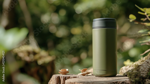 green   tea thermos set on a tableisolated on 3 d blurred green background photo