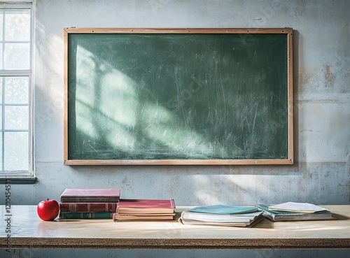 Classroom scene with a chalkboard books and an apple ready for learning and school