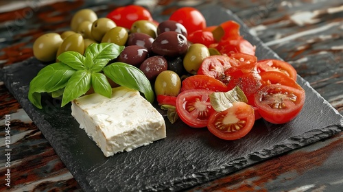 Fresh Mediterranean Ingredients Beautifully Arranged on a Slate Board With Tomatoes, Olives, Basil, and Feta Cheese