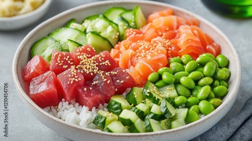 Vibrant Poke Bowl With Cubed Tuna and Salmon, Fresh Vegetables, and Sesame Seeds Served Over Sushi Rice for a Healthy Meal