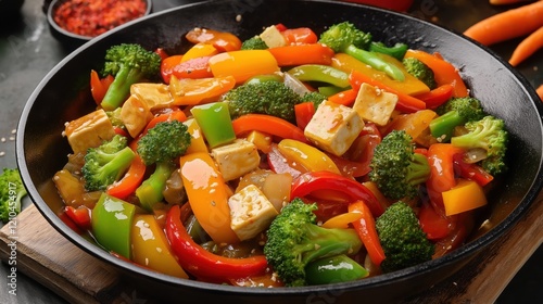 Vibrant Stir Fry Featuring Colorful Bell Peppers, Broccoli, Carrots, and Tofu Served in a Cast Iron Wok for a Delightful Meal Experience