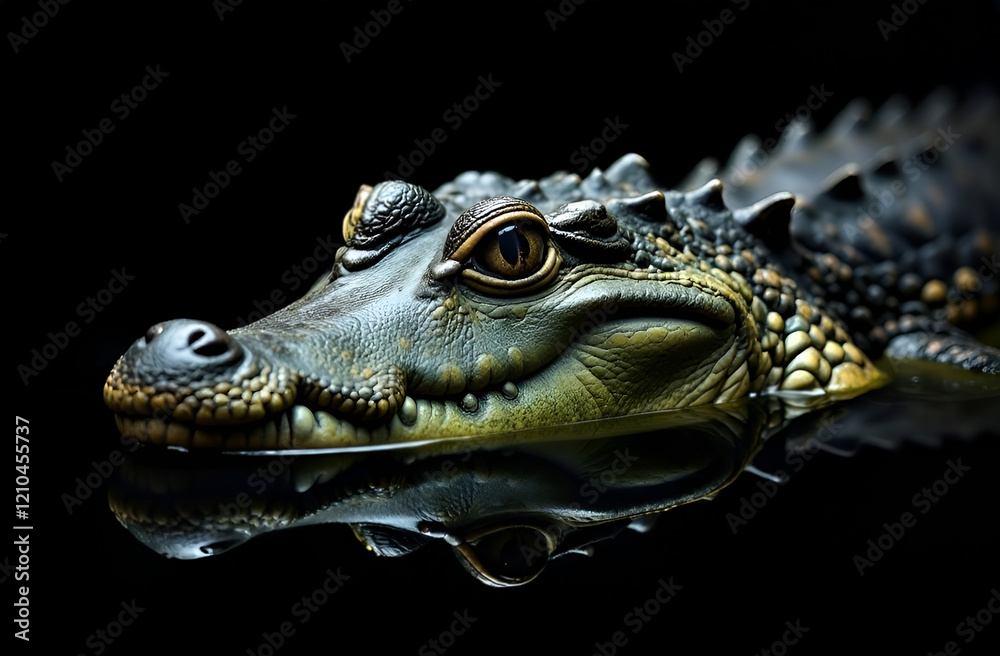 A detailed closeup of a crocodiles head partially submerged in water, set against a striking black background that enhances its features