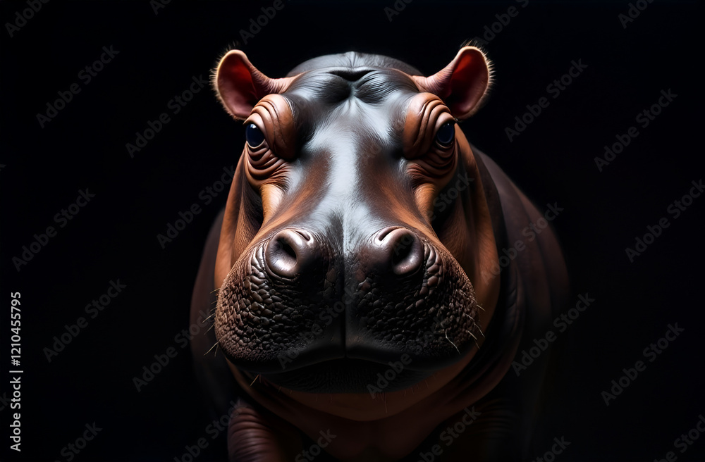 A large hippopotamus is standing in the dark, gazing intently at the camera while showcasing its impressive snout and presence