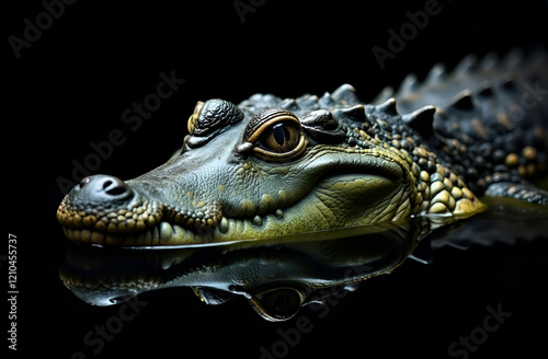Obraz na płótnie A detailed closeup of a crocodiles head partially submerged in water, set against a striking black background that enhances its features w salonie