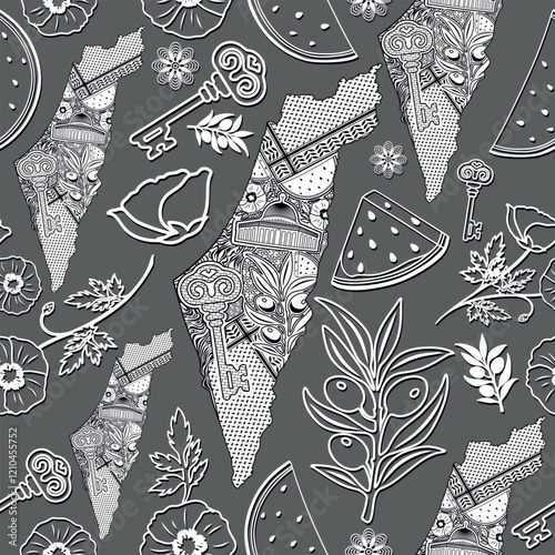 Palestine Map patterned with Decorative elements, with Palestinian Symbols assembled in Vector Seamless Textile Repeat Pattern
