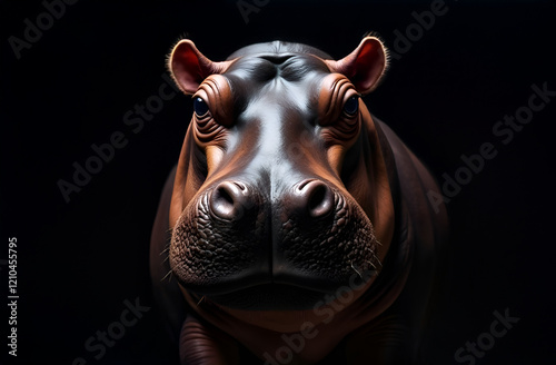 Obraz na płótnie A large hippopotamus is standing in the dark, gazing intently at the camera while showcasing its impressive snout and presence w salonie