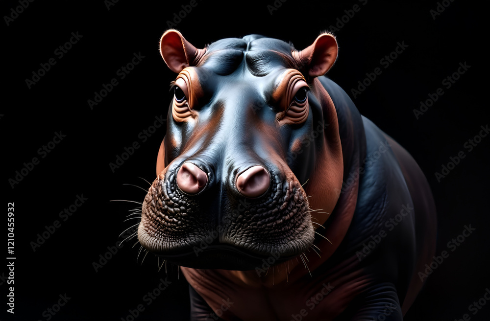 A large hippopotamus is standing in the dark, gazing intently at the camera while showcasing its impressive snout and presence