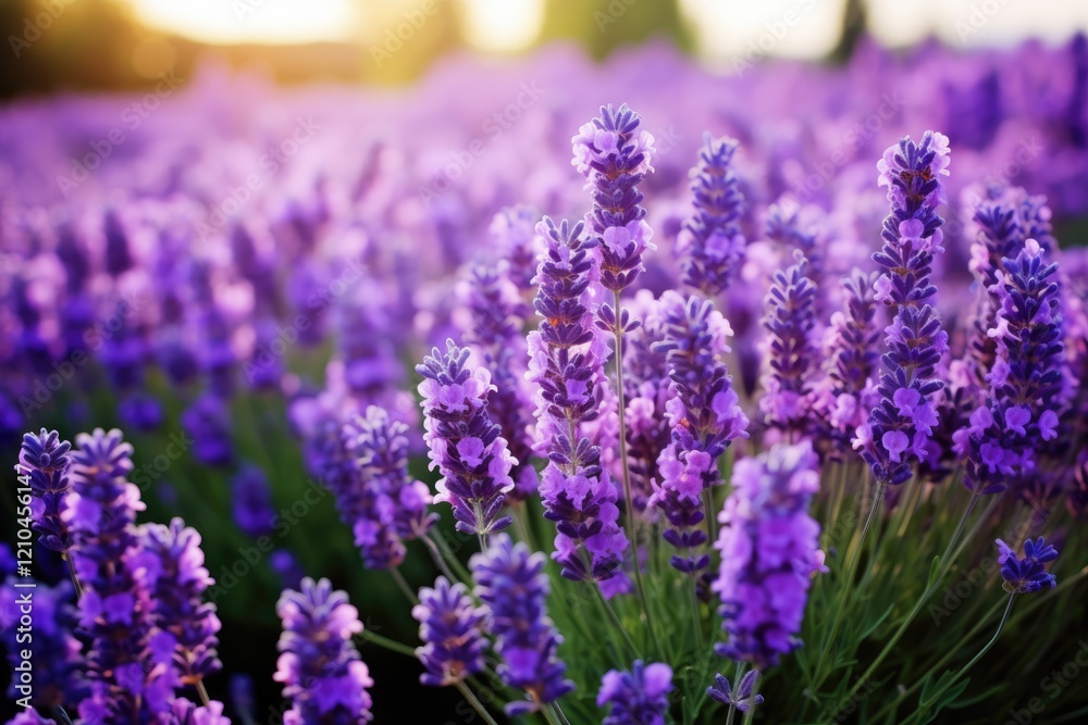 Naklejka premium Purple Lavandula Flowers in Summer Garden Field. Nature Plant with Rich Violet Colours in Beautifully Arranged Field of Flowers