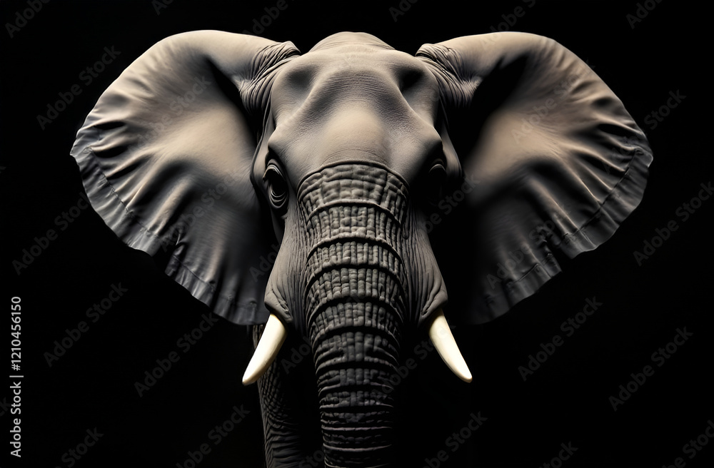 This artwork features a detailed closeup depiction of an elephants face, elegantly set against a deep black background that enhances its beauty