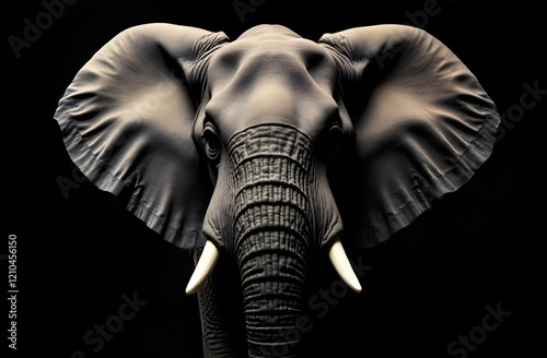 This artwork features a detailed closeup depiction of an elephants face, elegantly set against a deep black background that enhances its beauty photo