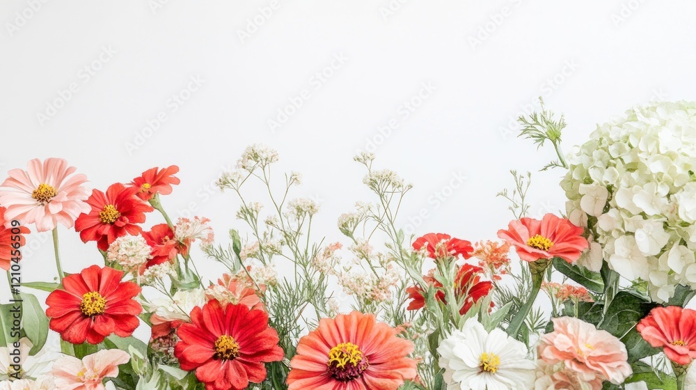 Obraz premium Vibrant coral and white flowers arranged against a white background.