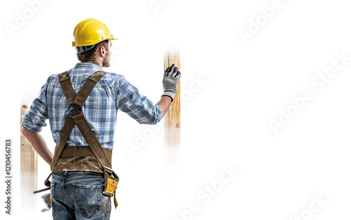 Construction worker installing a door frame at a worksite for building tasks Isolated on Transparent background PNG photo