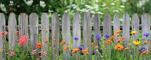 A wooden fence with wildflowers, a garden design. Background, wallpaper, poster, banner