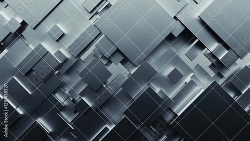 Abstract technology illustration featuring overlapping metallic squares and rectangles in a geometric pattern. 3D render.