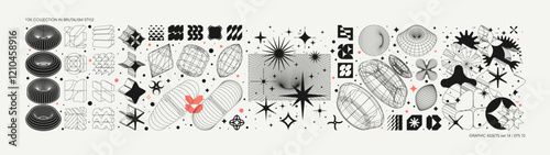 Vector graphic assets set in acid style, retro futuristic background with wireframe elements of different forms, bold modern shapes for design template, poster, stickers, banner in Y2k style set 14