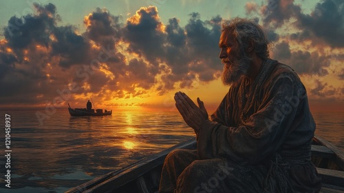 A fisherman praying on his boat at sunrise before heading out to sea, reflecting devotion