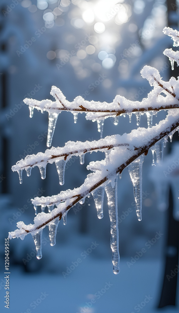 Obraz premium Icicles on a snowy branch during a warm spring morning with a sparkling atmosphere 