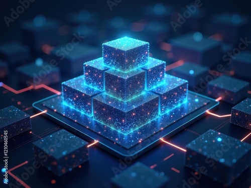 Blockchain technology visualized with digital blocks layered in a pyramid structure on a dark background illuminated by glowing circuits