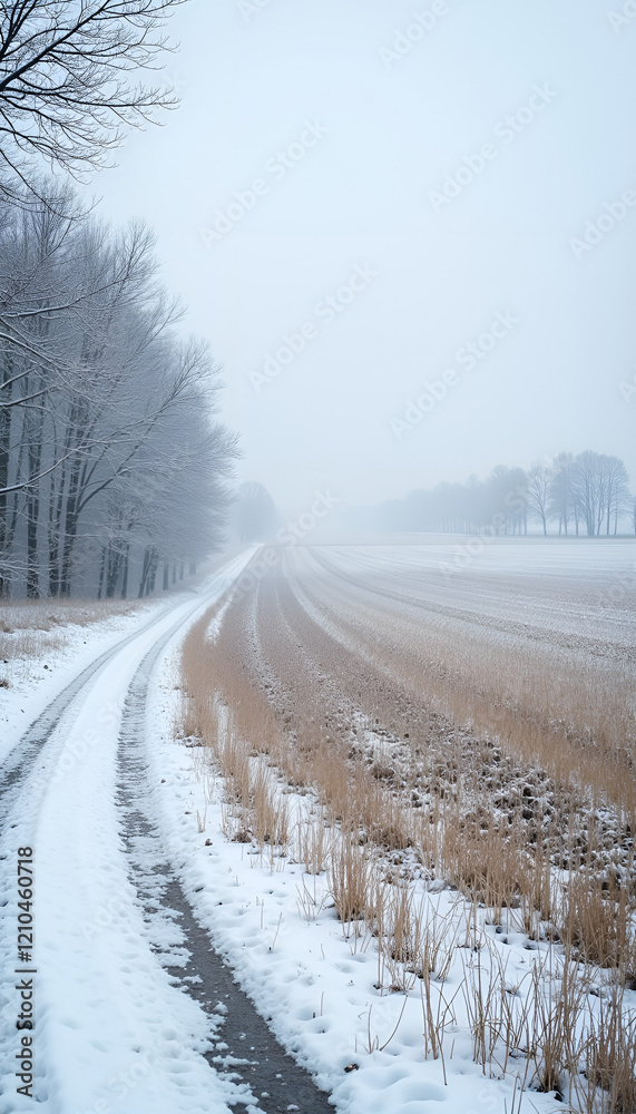Obraz premium Misty pathway through a frosty field in early spring with a tranquil atmosphere 