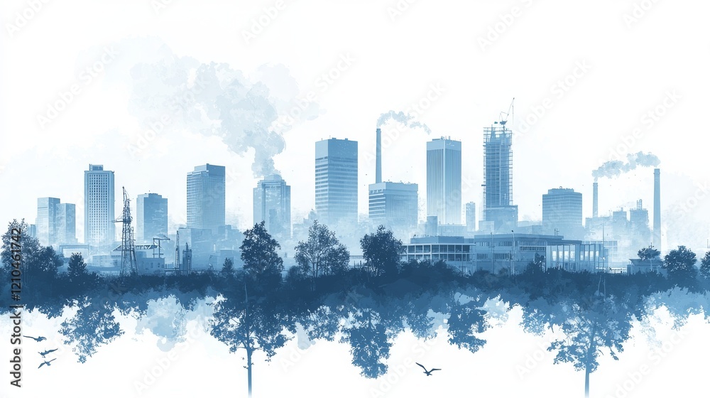 Fototapeta premium Virtual city Silhouette including university, factory and governmental house, white background, light Blue
