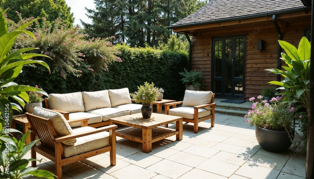 Fototapeta premium Elegant outdoor living space with wooden furniture in a luxurious estate garden 