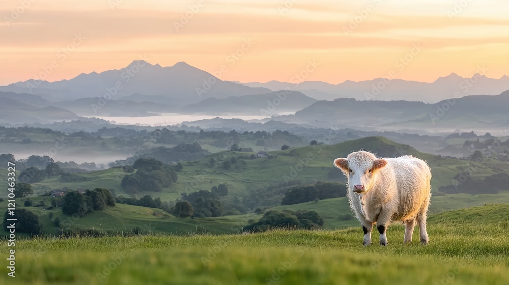 Cow grazing idyllic sunrise mountain pasture Cow grazing idyllic sunrise mountain pasture