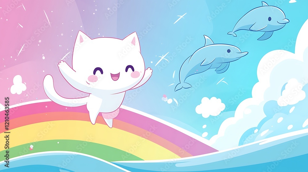Joyful cat leaps rainbow, dolphins soar, pastel sky, kids' design