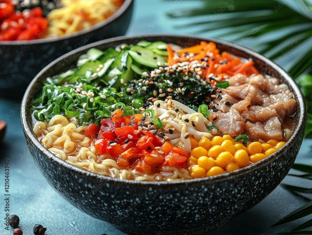 Vietnamese pho, artfully styled with an aromatic broth featuring fresh herbs and thin slices of beef, a Southeast Asian culinary masterpiece Vietnamese pho, artfully styled with an aromatic broth featuring fresh herbs and thin slices of beef, a Southeast Asian culinary masterpiece