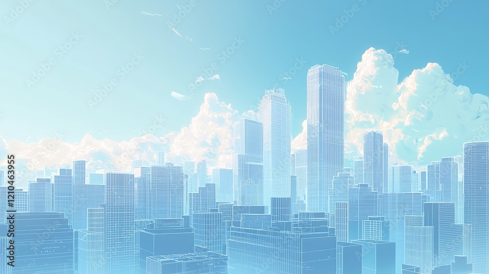 A light and airy background featuring urban building thick outlined in glowing white against a soft sky-blue backdrop A light and airy background featuring urban building thick outlined in glowing white against a soft sky-blue backdrop