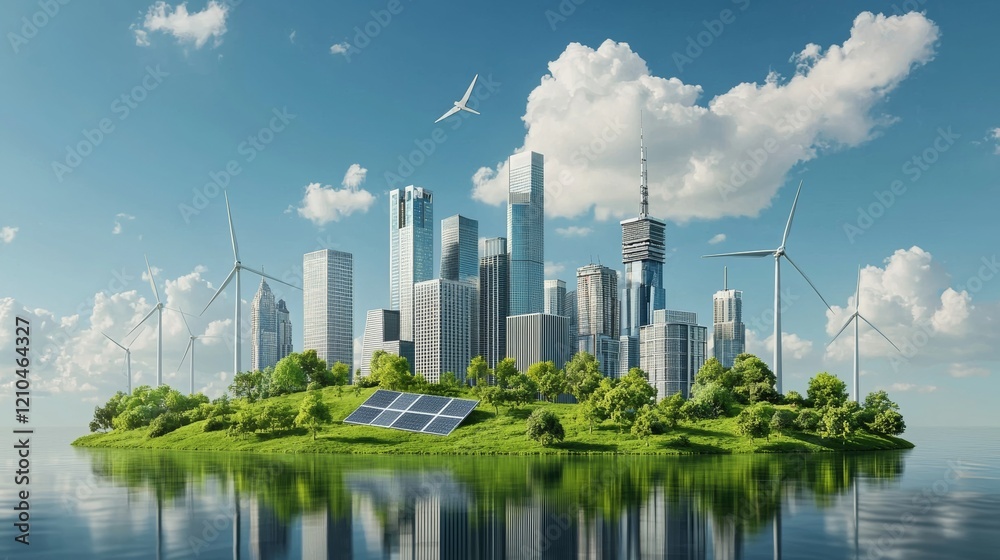 Obraz premium A clean, modern image of a modern city skyline powered by renewable energy sources like wind turbines and solar panels integrated into the urban environment