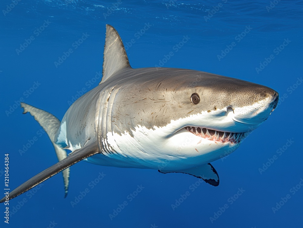 Obraz premium Great white shark head close-up displaying powerful jaws and keen eyes in oceanic habitat
