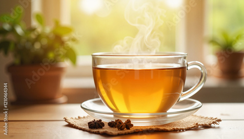 Warm herbal tea steaming in cozy home setting, comfort and wellness