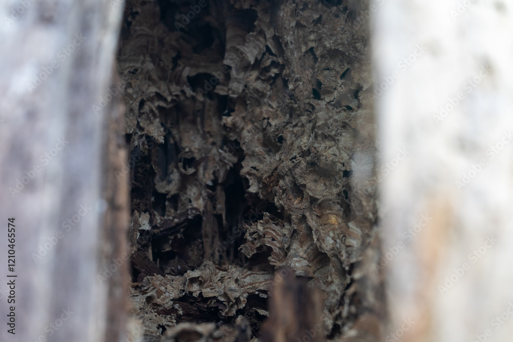 abandoned hornets nest in tree trunk