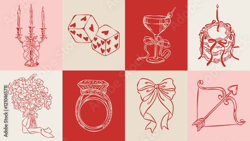 Love and wedding sketch style illustration set. 