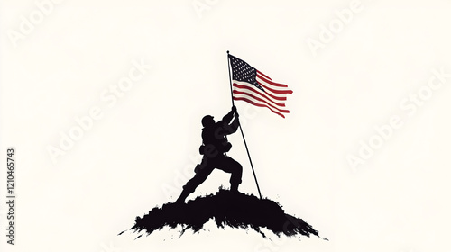 A minimalist silhouette of a U.S. Marine raising the American flag at Iwo Jima. Marine flag raising vector.


