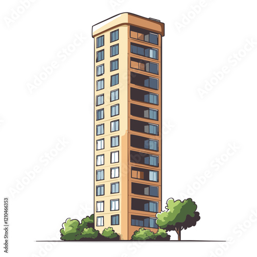 Apartment Building with Green Landscaping. Vector Image