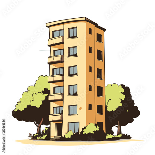 Apartment Building with Lush Greenery. Vector Image