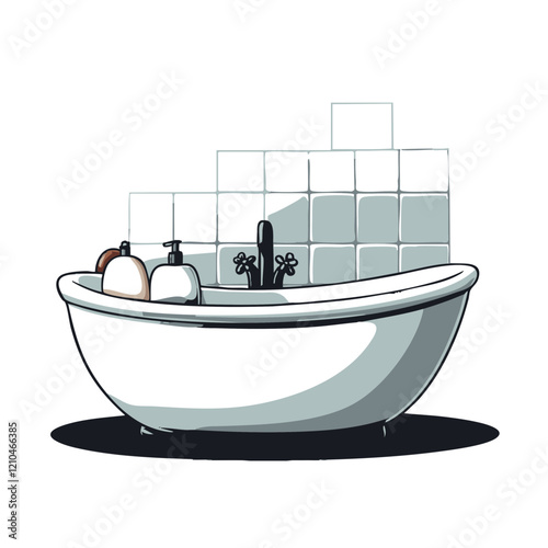 Bathroom bathtub with toiletries and tiled wall. Vector Image