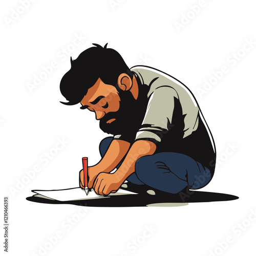 Bearded Man Drawing on Paper. Vector Image