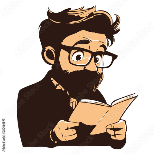Bearded Man Reading a Book Illustration. Vector Image