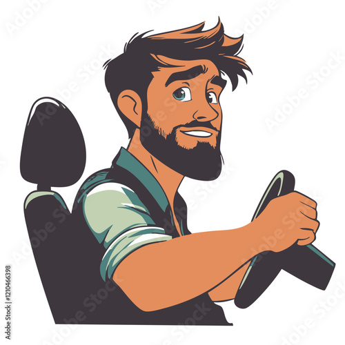 Bearded Man Driving a Vehicle. Vector Image