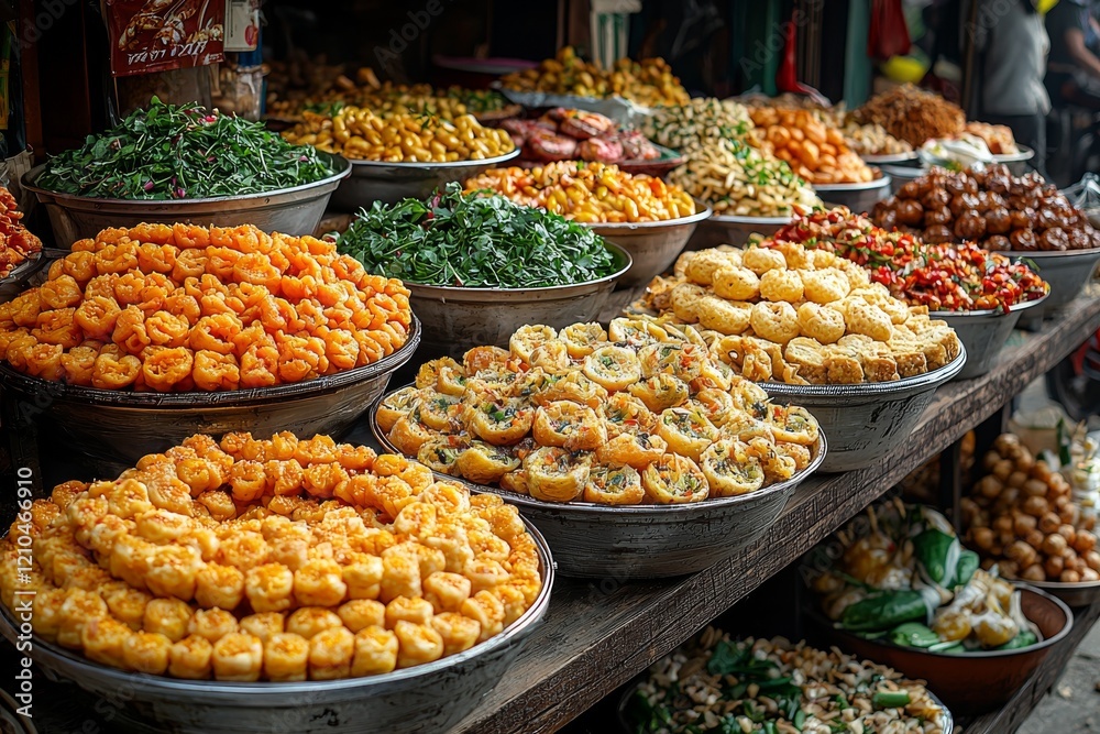 Obraz premium A colorful array of dishes and ingredients in bowls and baskets is displayed at a lively Asian street food market stall