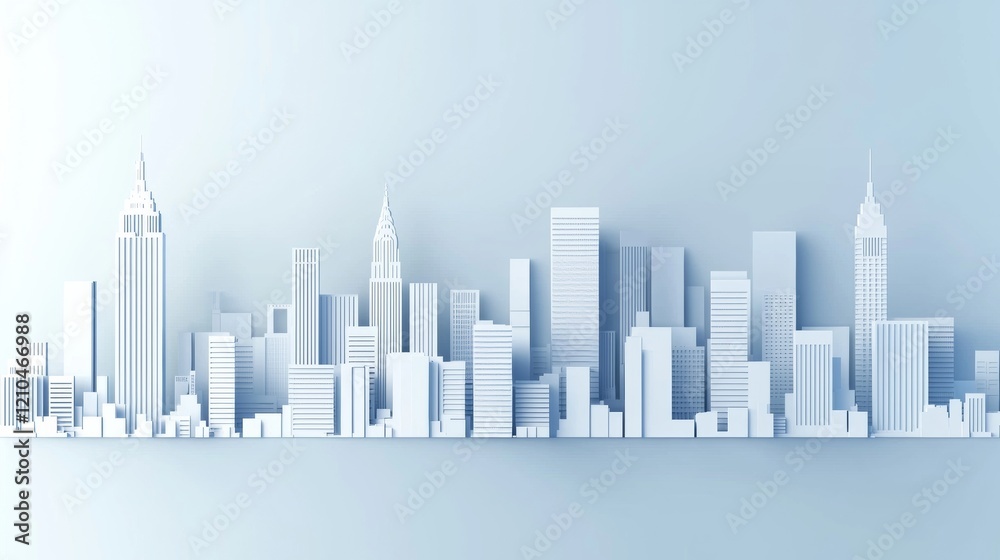 White cityscape background with buildings and skyscrapers on a light blue gradient, White cityscape background with buildings and skyscrapers on a light blue gradient,