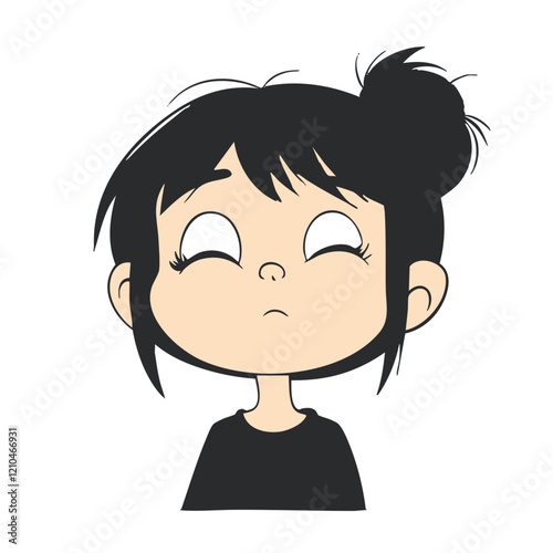 Cartoon Girl Looking Upward with Bun Hairstyle. Vector Image