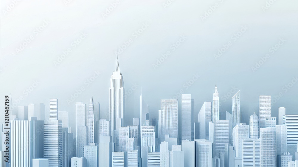 White cityscape background with buildings and skyscrapers on a light blue gradient, White cityscape background with buildings and skyscrapers on a light blue gradient,