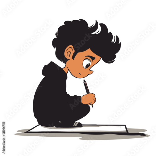 Child Concentrating on Writing Task. Vector Image
